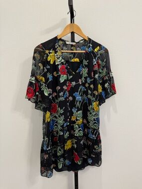 Alice + Olivia Pauline Ruffle Chiffon Tunic Mini Dress Black Floral Whimsy XS